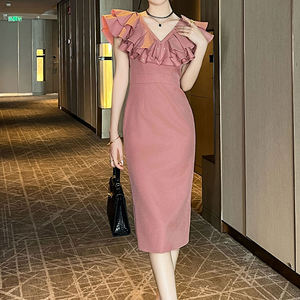 ZYHT 30867 แฟชั่นเกาหลีตรงคริสตัล Ruffle สีชมพูชุดราตรีชุดราตรีชุดเดรสหรูหราสําหรับสตรี - Product Image 5