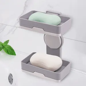 Großhandel Haushalts Bad Doppel Seife Dish Box Klebstoff Wand Halterung ABS Kunststoff Seife Dish Halter Mit Ablauf Tablett