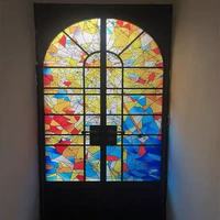 Porte latérale en alliage d'aluminium à ouverture latérale, en verre artistique émaillé moderne français, pour cuisine, balcon, cour intérieure, avec glaçure colorée
