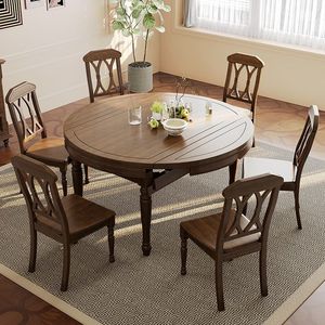 Juego de mesa y sillas de comedor de madera maciza estilo rústico americano, 6 piezas, extensible, para uso doméstico en el comedor. - Product Image 5
