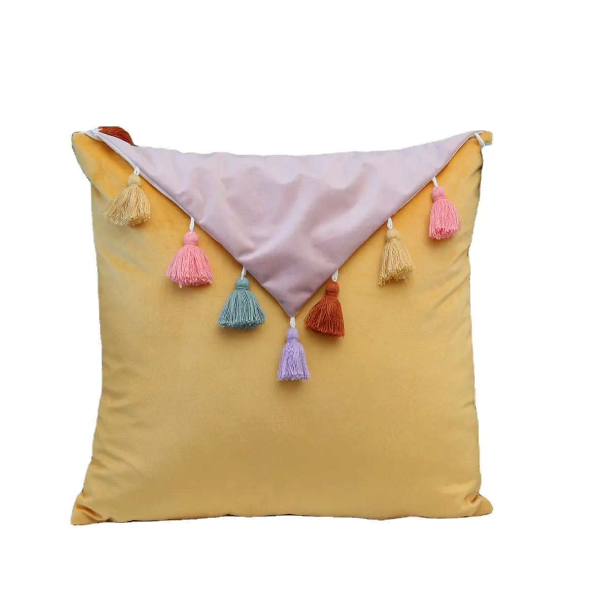 Contrast velvet Pillow Covers with multi colours Tassels 18x18 inch Square Patterned Cushion Cases knife edge