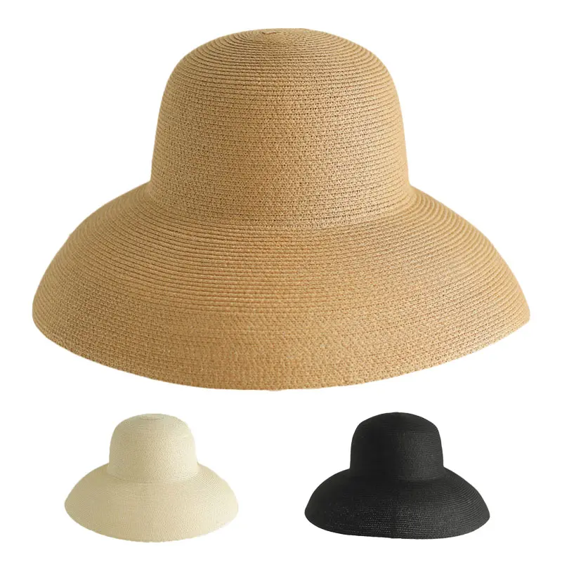 夏の旅行人気のヴィンテージフレンチブラック麦わら帽子日焼け止めシーサイドビーチワイドつば帽子
