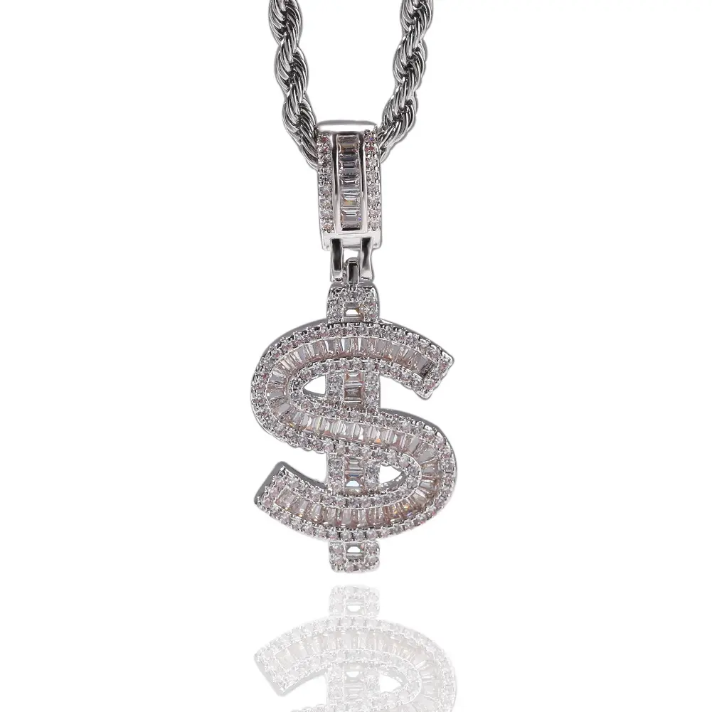 Europese Mode Hip Hop Gepersonaliseerde Volledige Bling Baguette Zirconia Cz Iced Out Dollar Sign Hanger Ketting