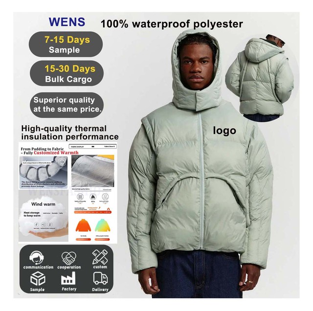 Breathable Sustainable Recycled 100% Waterproof Polyester Windproof Down Puffer Jacket Coats With Detachable Sleeves Outerwear