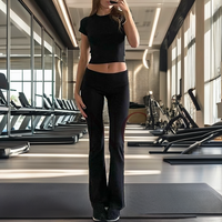 Ensemble de yoga pour femme, legging taille haute longueur intégrale et crop top col rond manches courtes, noir uni, 2 pièces, respirant, devant orné de cristaux
