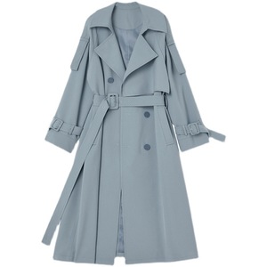 2025 primavera e autunno nuovo tipo antirughe drappeggio blu <span class=keywords><strong>trench</strong></span> cappotto da <span class=keywords><strong>donna</strong></span> con cinturino in vita di media lunghezza - Product Image 1