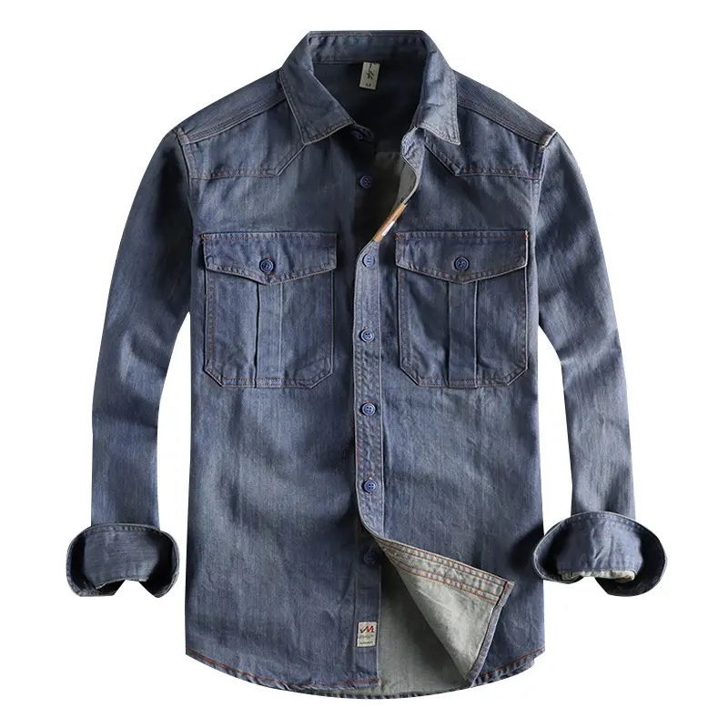 Cổ điển bảo hộ lao động túi lớn đau khổ làm việc Áo sơ mi lỏng denim áo sơ mi nam dài tay áo sơ mi cho nam giới