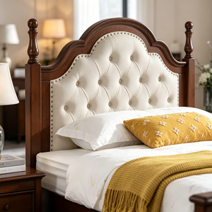Traditional Mahogany Queen Bed Frame with Upholstered Faux Leather Headboard and Wooden Posts - Product Image 2