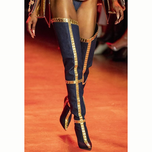 Rivets Ornament Solid Skintight Pointed Toe <b>High</b> Thin Heel Women Thigh <b>High</b> Booties Side Half-zip PU Upper Over <b>Knee</b> <b>High</b> Boots - Product Image 2