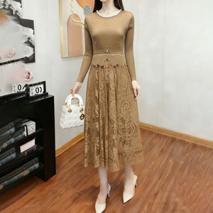 Robe plissée élégante pour femme, ornée de perles, en dentelle tissée lavable, avec patchwork, amincissante à la taille – Vente en gros en ligne - Product Image 4