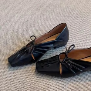 Zapatos Planos de Ballet con Punta Cuadrada de Cuero Genuino con Decoración de Lazo, Zapatos Planos Sin Cordones para Mujer, Todas las Temporadas, Color Sólido - Product Image 1