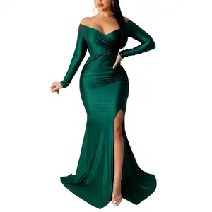 Evening Dinner Dresses Long Ball Gown China Manufacture Women Long Sleeve for Ladies Full 1 Piece Party Empire Plain Dyed Slit