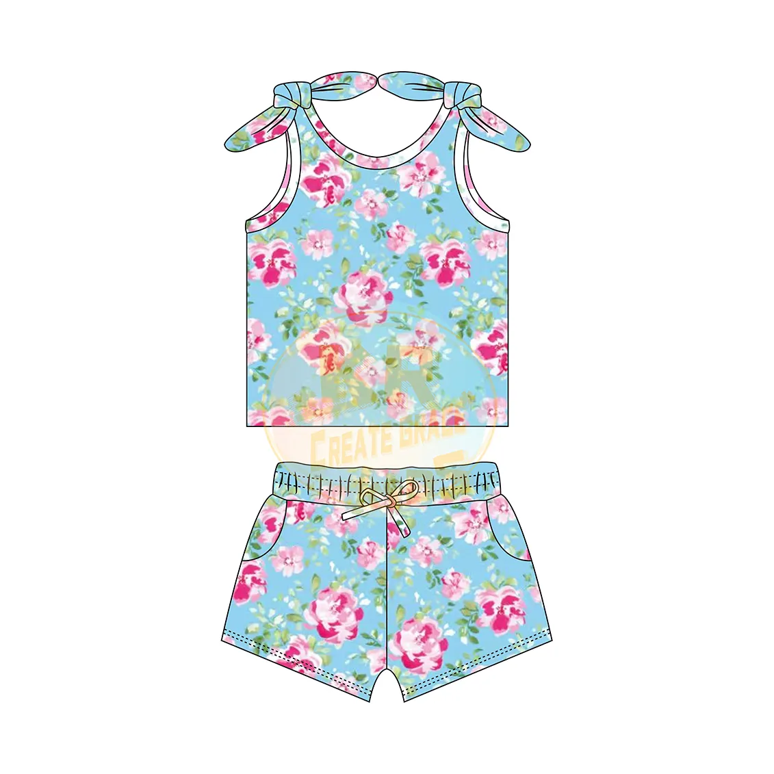 Stylish Custom Kids Summer 2 Piece Outfit Print Flower Floral Tie Strap Sleeveless Tank Top Shorts Casual Baby Girls Clothes Set