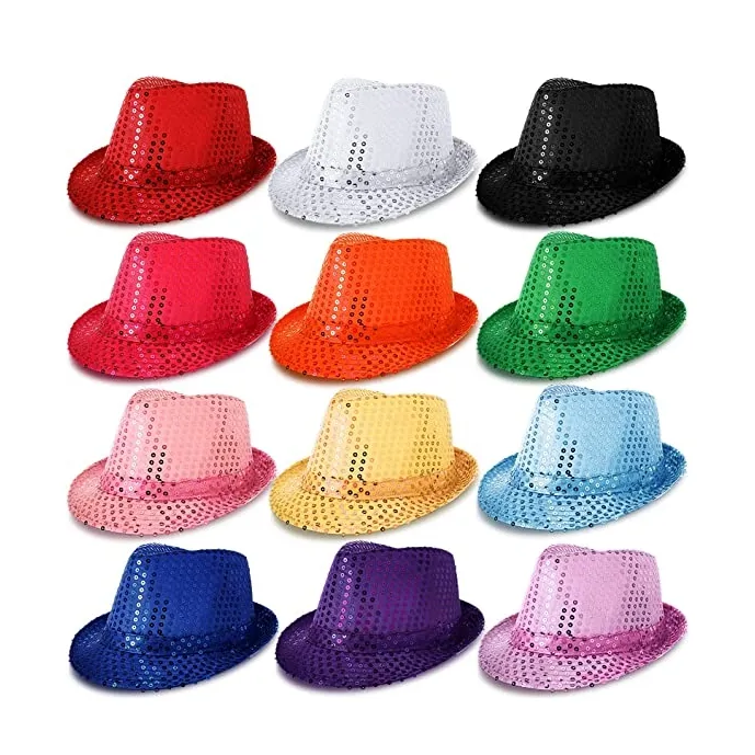 Western Unisex Costume Sequin Fedora Hat Solid Color Dance Glitter Sequin Hat for Women Men Party Props Supplies
