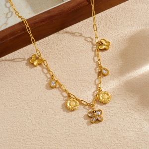 Gold Plated Butterfly Sunflower Rhinestone Pendant Stainless Steel Chain Necklace For Party Daily Wear - Product Image 2