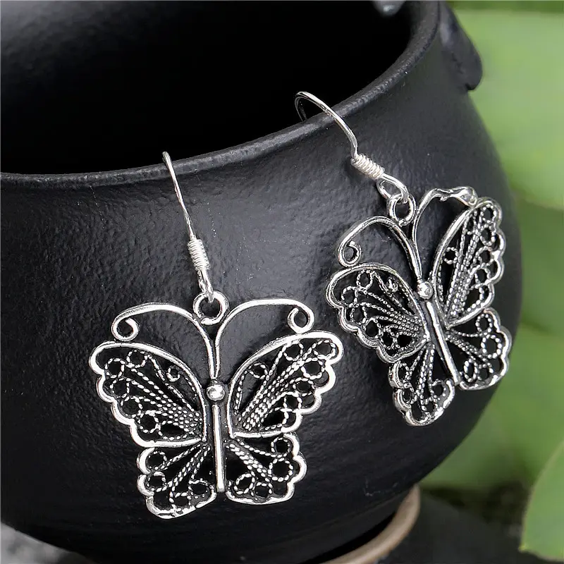 Sterling Silver 925 Hollow Butterfly Earrings for Women Simple Fashion Ethnic Vintage Style Jewelry Gift Girl
