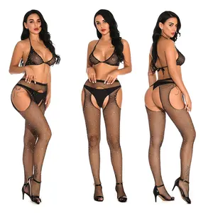 Lingerie sensual preta, venda quente do verão em estoque, 3 peças, renda preta, strass, transparente, virilha aberta, conjunto de lingerie