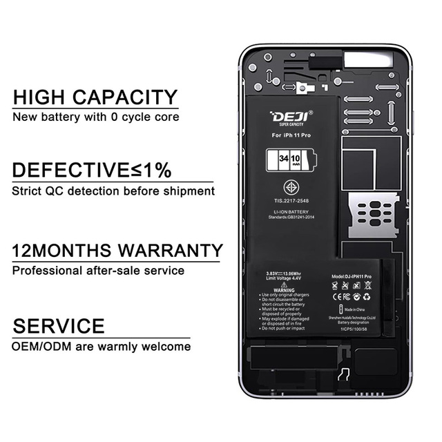 DEJI Bulk 0 Cycle High Quality Cellphone Battery for iPhone 11 Pro Wholesale for Repair Shops IEC62133 UKCA CE UN38.3