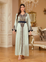 Robe Abaya vintage à col en V, broderie en strass, polyester satiné respirant, avec ceinture, robe longue maxi pour femmes musulmanes