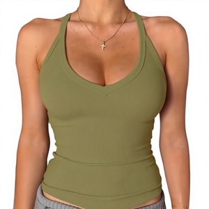 Women's Olive <b>Green</b> <b>Halter</b> Neck Knitted Tank <b>Top</b> Casual Breathable Solid Color Regular Length - Product Image 1