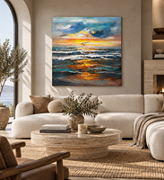 Superbe Peinture à l'Huile Impasto Coucher de Soleil sur l'Océan Peinte à la Main, Art Mural Texturé 3D Paysage Marin sur Toile pour Décoration de Salon et Villa