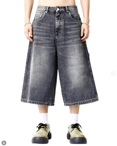 <span class=keywords><strong>Jeans</strong></span> Capri da Uomo Vintage <span class=keywords><strong>Grigio</strong></span> Sbiadito a Gamba Larga, Denim Sfumato Lavato, Jorts Streetwear Baggy a Lunghezza Corta - Product Image 1