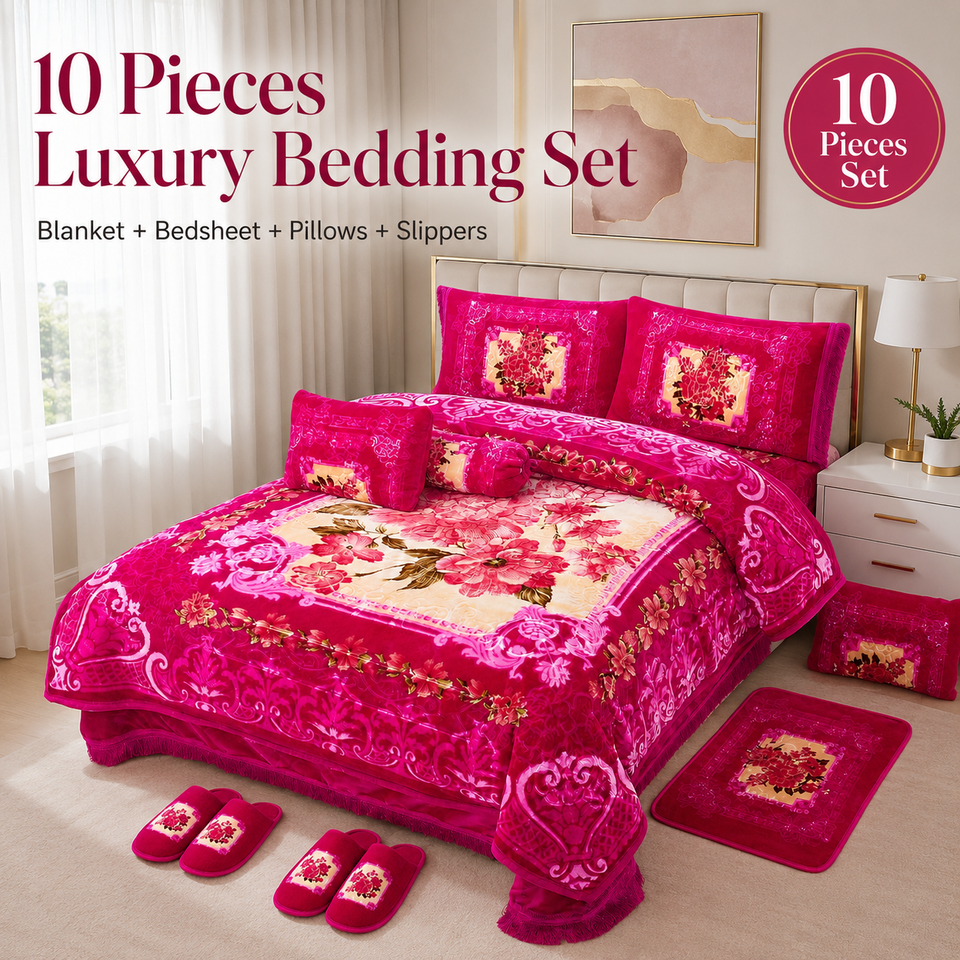 10 Pieces Luxury Plush Blanket Bedding Set With Bedsheet Pillowcases ...
