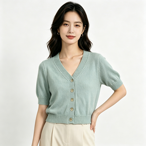 เสื้อสเวตเตอร์ถักแขนสั้นผู้หญิง สีพื้น ถักด้วยคอมพิวเตอร์ คอกลม น้ำหนักเบา ใส่ได้ทุกวัน - Product Image 4
