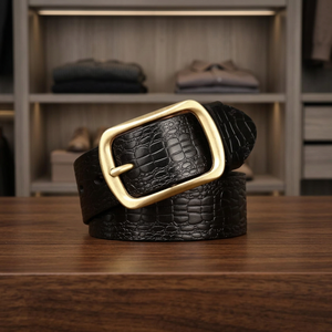 Ceinture BS INTERNATIONAL NAQ6750 vintage noire en cuir de vache véritable, écologique, imperméable, réversible, robuste, légère, avec boucle en acier. - Product Image 1