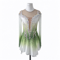 Robe de patinage artistique pour enfants et adultes, dégradé vert et blanc, maille à manches longues, dos en strass en forme de larme, pour compétition et spectacle