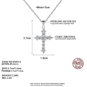 Luxury 925 Sterling Silver Full Diamond Cubic Zirconia Cross Pendant Women Necklace Jewelry