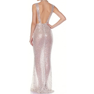 <span class=keywords><strong>Robe</strong></span> longue à sequins pour femme - <span class=keywords><strong>Robe</strong></span> de soirée sans manches à col en V profond avec nœud contrastant Sehe Fashion - Product Image 3
