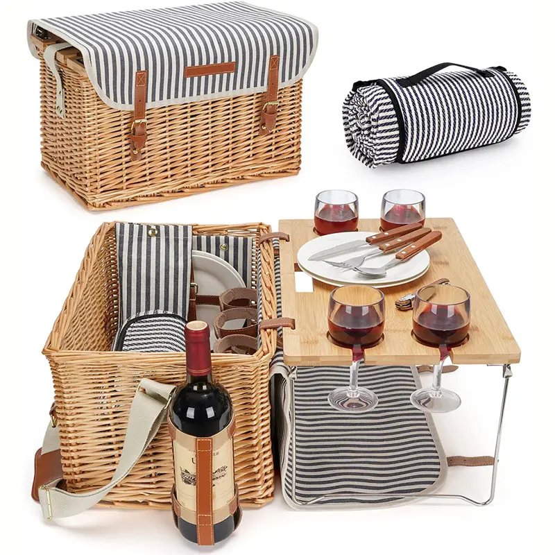 Panier de pique-nique avec coussin de table couverts verres à vin boîte de rangement des aliments famille multi-usage entièrement tissé à la main