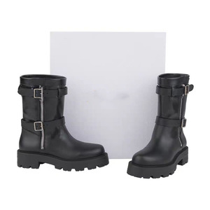 Black Mid-Calf Chelsea <b>Boots</b> Genuine Leather Round Toe Buckle Strap Waterproof Rubber Outsole All Seasons Solid Color - Product Image 4