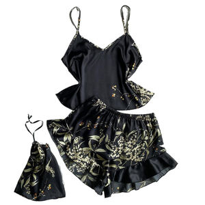 Nuova moda pigiama di seta di raso di latte liscio fiore camicia da notte Sexy <span class=keywords><strong>donna</strong></span> senza maniche pantaloni corti abbigliamento da notte Set abito - Product Image 4