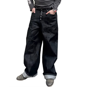 Jean pour homme en denim brut 100% coton, taille mi-haute, coupe droite, bas retroussé, décontracté, uni, respirant, selvedge, haute qualité, vente en gros - Product Image 1