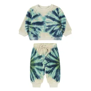 2023 Winter Autumn Casual Tracksuit Blue Tie-Dye Print Sweatshirt Jogger Pants Velour Baby Toddler Set