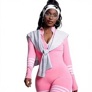 Combinaison rose à manches longues et taille haute pour femme, avec col marin, coupe ajustée longue, style nautique rayé, en Spandex et Polyester - Product Image 4