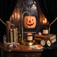 Lampe chauffe-bougie citrouille avec couvercle en céramique creux de style gothique, base en métal lestée, lampe à fond de cire pour Halloween