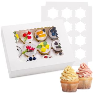 White Paper Cupcake Boxes with Clear Window, 12 Cavity Insert Cup Cake <b>Container</b>, Disposable Muffin Packaging Box - Product Image 1