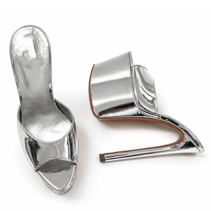 Mules classiques noires brillantes à talon de 18 cm, style 2026, en PU métallisé, pour femmes, chaussures de <span class=keywords><strong>danse</strong></span> à plateforme - Product Image 4
