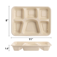Assiette jetable biodégradable à 5 compartiments sans PFAS en pulpe de bagasse de canne à sucre, 100 % compostable, pour le transport scolaire
