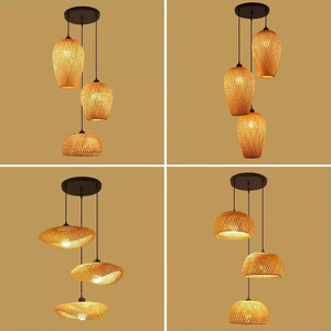 โคมไฟระย้าหวายแบบจีนสามหัว ไฟ LED สำหรับห้องนั่งเล่น ห้องรับแขก ห้องน้ำชา โคมไฟห้อยทำมือจากไม้ไผ่ - Product Image 1