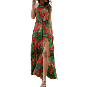 Vestido Maxi Personalizado con Estampado Floral para Otoño/Verano, Estilo Playa, Hombros Descubiertos, Cintura Alta, Holgado, Cómodo, Lavable, Elegante, Casual, con Aberturas - Product Image 1