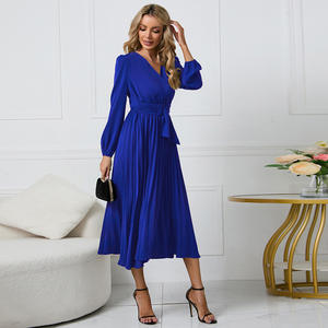 Dropshipping Shopify New Womens Long Sleeve V Neck Pleated <b>Belted</b> Dress Bell Sleeve <b>Slim</b> Fit Midi Dress - Product Image 2