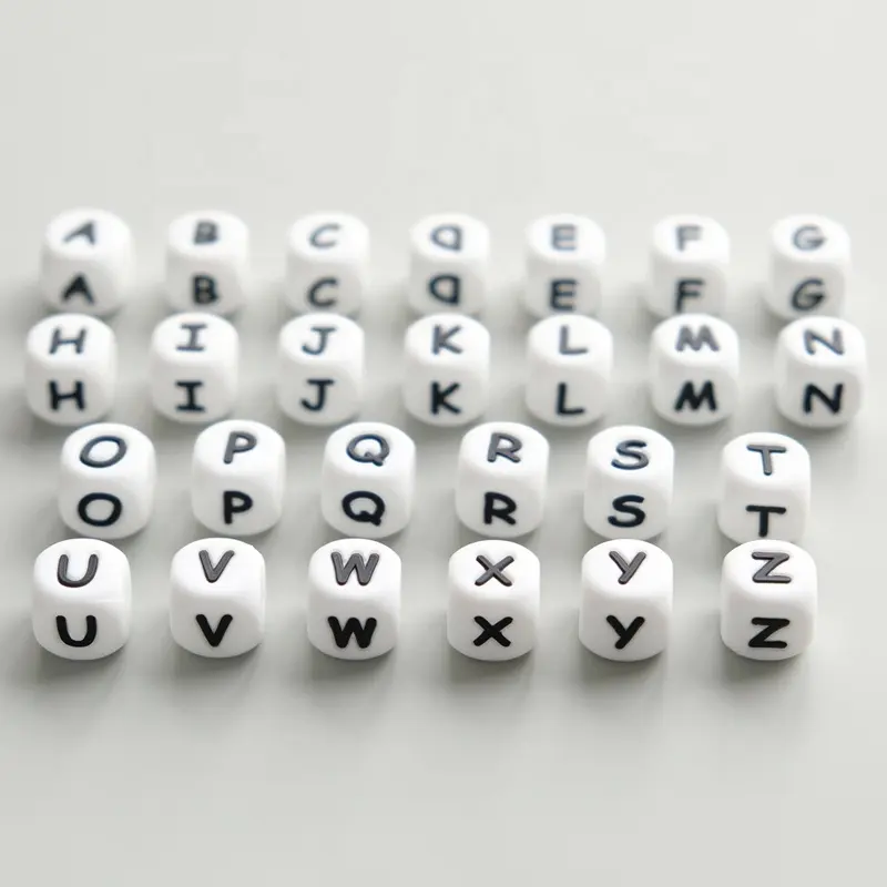 Produkte 2024 12mm Druck Bpa Kostenlos Baby Perle Alphabet Perle Lebensmittel qualität Weiche Baby Zahnen Kauen Silikon Buchstaben Perlen