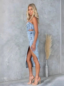 <span class=keywords><strong>Vestidos</strong></span> <span class=keywords><strong>de</strong></span> mezclilla <span class=keywords><strong>de</strong></span> verano con cuello halter y corte en U para <span class=keywords><strong>mujer</strong></span>, ajustados, estilo retro, con abertura sexy, para fiesta - Product Image 4