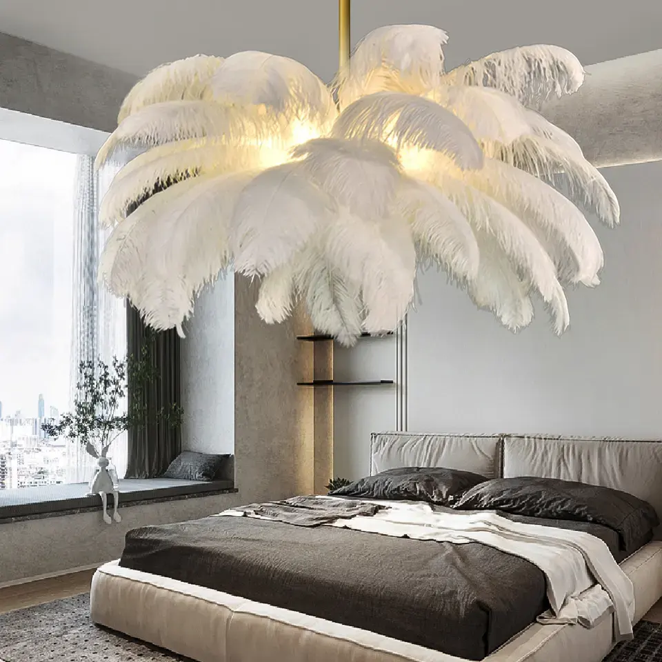 Atunus Woonkamer Slaapkamer Interieur Nordic Minimalistische Kroonluchter Lamp Natuurlijke Struisvogel Veren Plafond Led Hanglamp