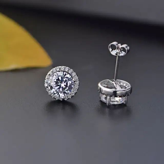 Small Plain Stud Earrings Round Sparkle Stud Clear Cubic Zirconia Earrings in Sterling Silver