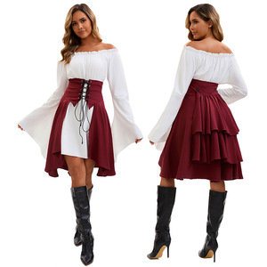 Disfraz de pirata para mujer, top de manga larga con hombros descubiertos, falda color borgoña y cintura con cordones para fiesta de Halloween o Renacimiento - Product Image 1